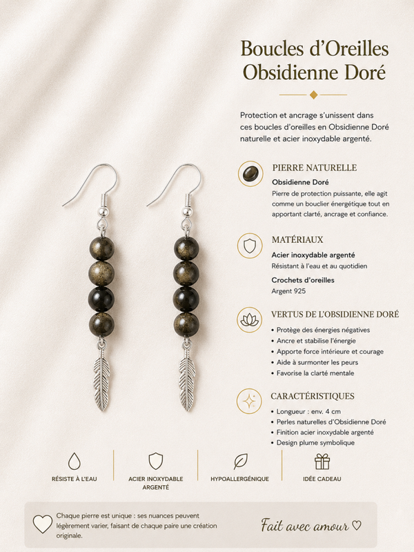 Boucles d’oreilles Obsidienne Dorée