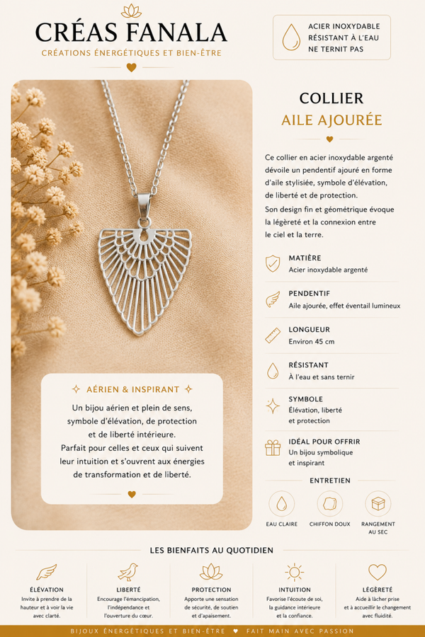 Collier en acier inoxydable – Aile de lumière argentée