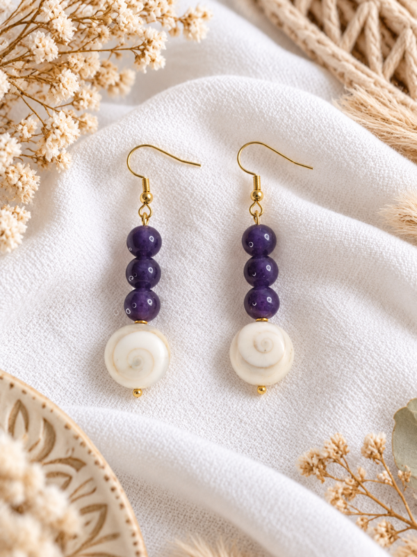 Boucles d'Oreilles Améthyste & Œil deSte Lucie - Doré