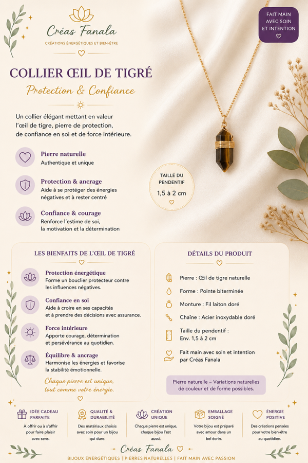 Collier Œil de Tigre – Acier Inoxydable Doré