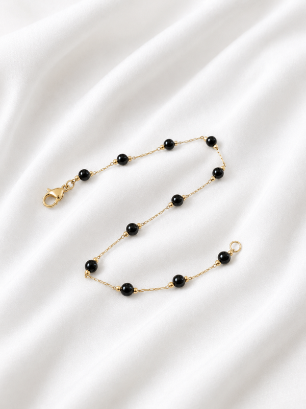 Bijou de Cheville Perles Noires – Acier Inoxydable Doré