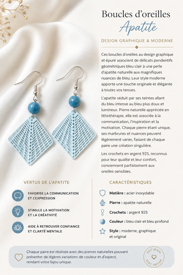 Boucles d’oreilles en acier inoxydable et apatite