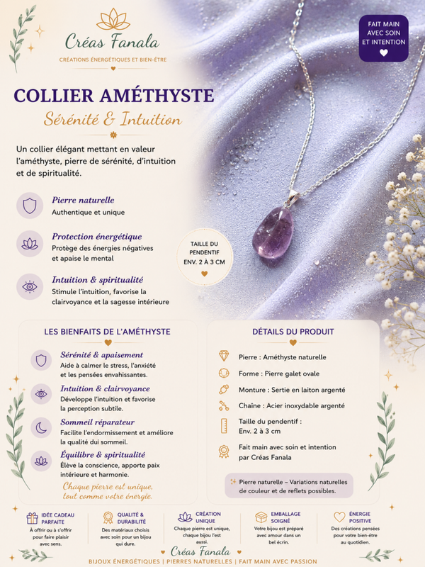 Collier Améthyste naturelle – Acier inoxydable