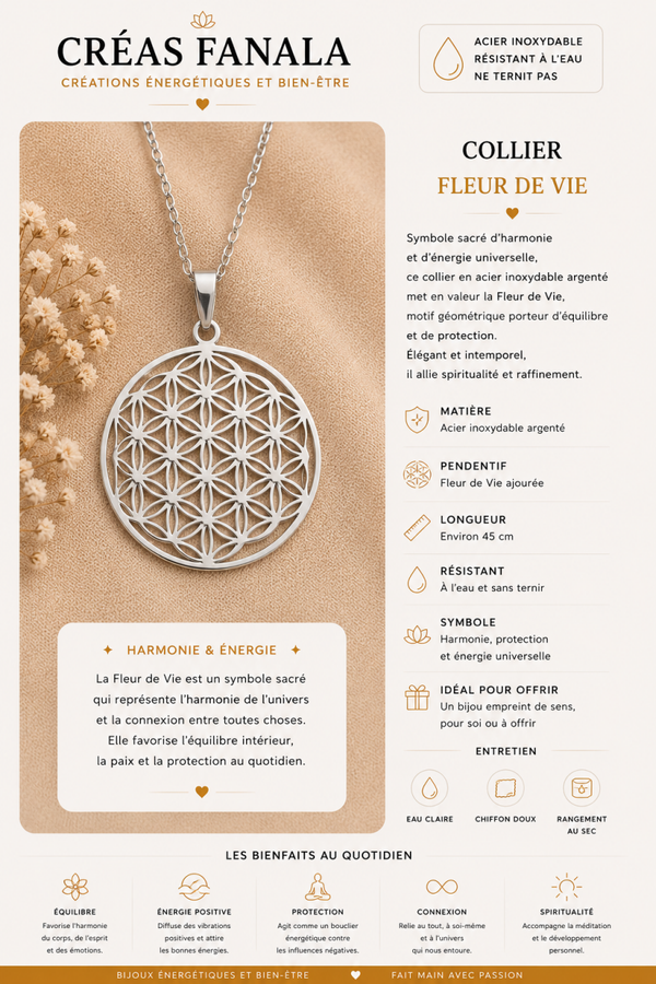 Collier en acier inoxydable – Fleur de Vie argentée