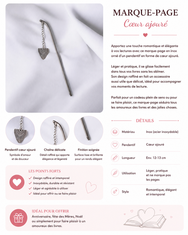 Marque-page en Inox avec Pendentif Cœur Ajouré