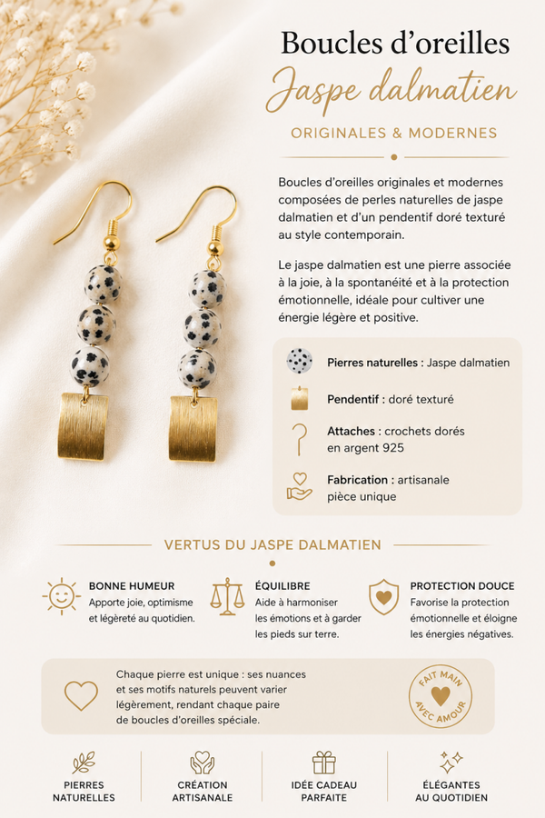 Boucles d’oreilles – Jaspe Dalmatien & pendentif doré