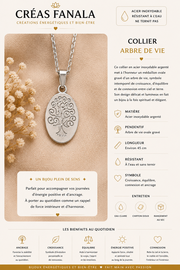 Collier en acier inoxydable argenté – Arbre de vie ovale