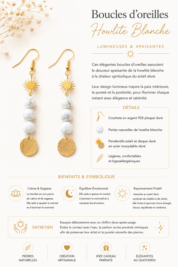 Boucles d’Oreilles Howlite Blanche & Soleil Doré – Sérénité & Clarté d’Esprit