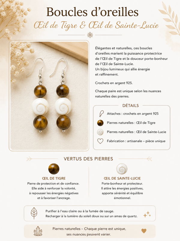 Boucles d’oreilles “Protection & Lumière” – Œil de Tigre et Œil de Sainte-Lucie