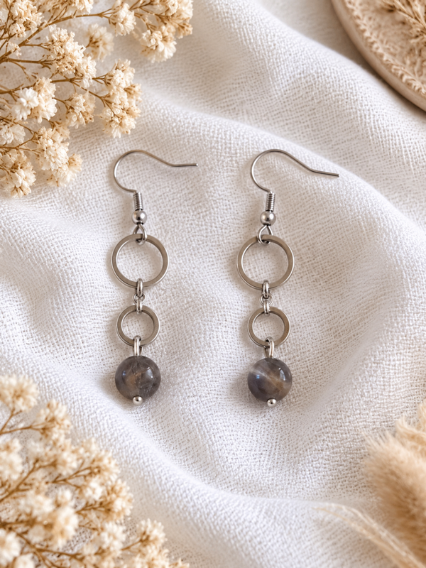Boucles d'Oreilles Pierre de Lune Noire - Argenté