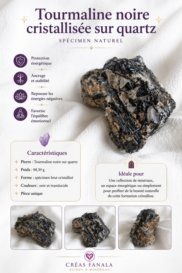 Tourmaline noire cristallisée sur quartz – Spécimen naturel (98 g)