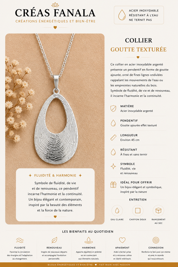 Collier en acier inoxydable – Goutte texturée argentée