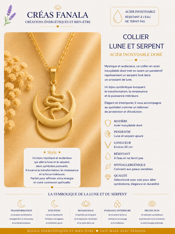 Collier en acier inoxydable – Lune et serpent doré