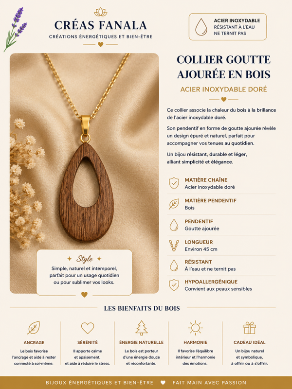Collier goutte bois – Acier inoxydable doré