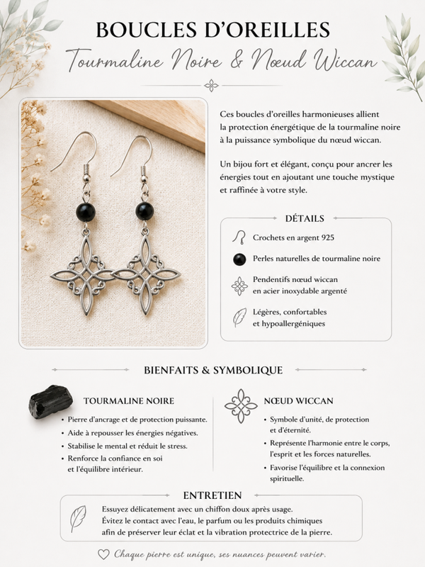 Boucles d’Oreilles Tourmaline Noire & Nœud Wiccan Argenté – Protection & Équilibre