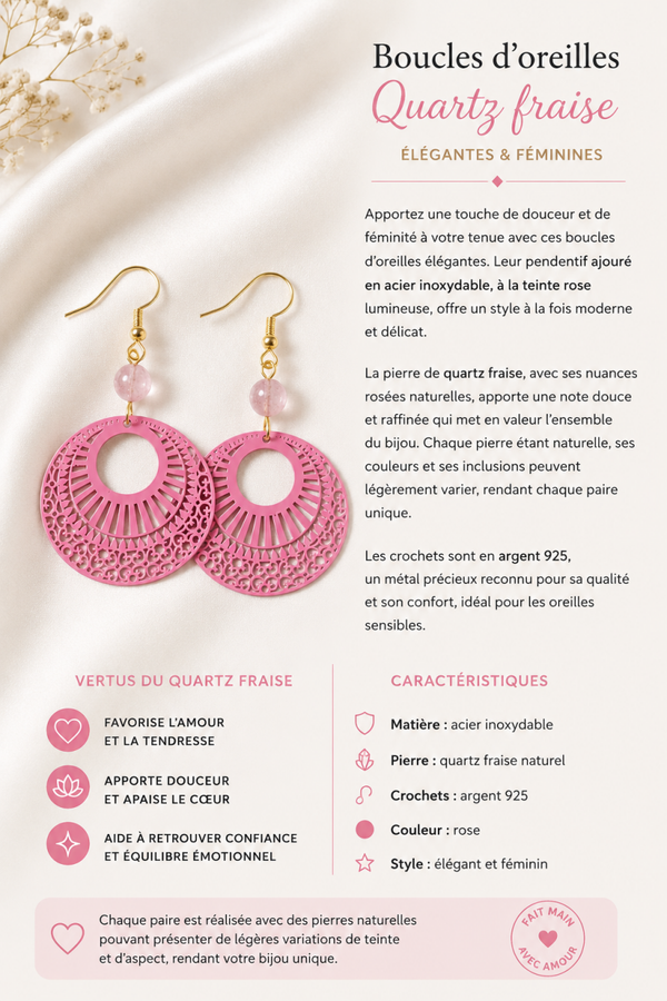 Boucles d’oreilles en quartz fraise