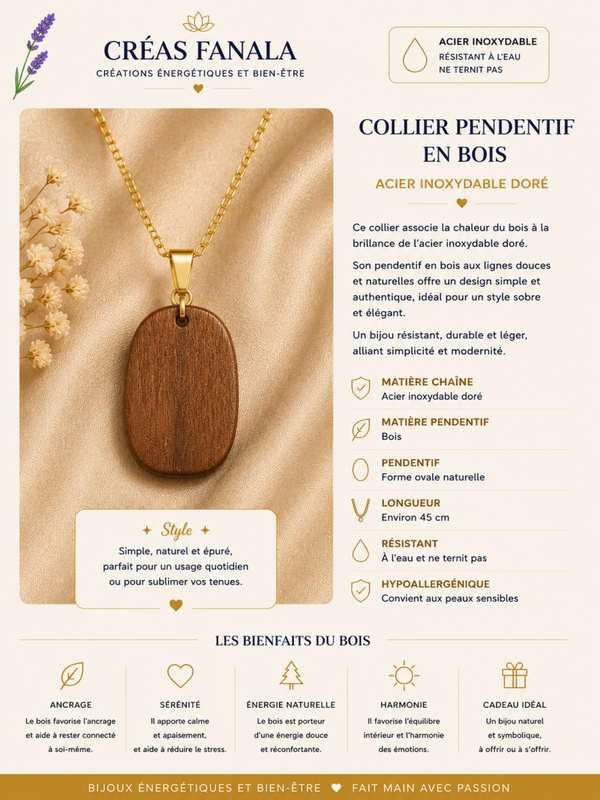 Collier pendentif bois – Acier inoxydable doré