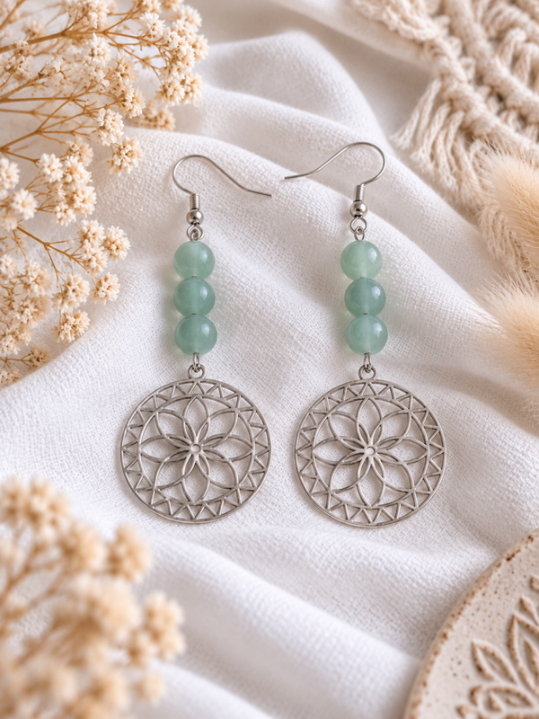 Boucles d'Oreilles Aventurine Rosace - Argenté