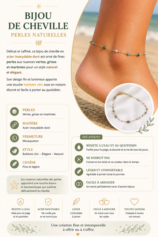 Bijou de Cheville Perles Vertes et Grises – Acier Inoxydable Doré