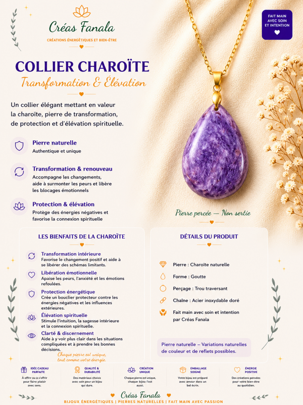 Collier en acier inoxydable doré et Charoïte