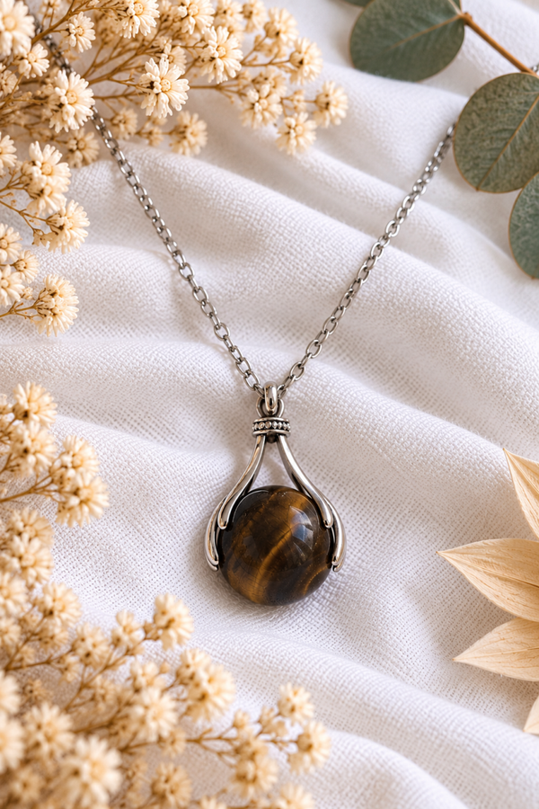Collier Œil de Tigre Entre Main - Argenté
