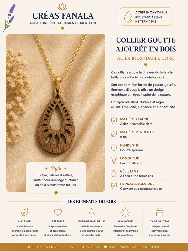 Collier goutte bois ajourée – Acier inoxydable doré
