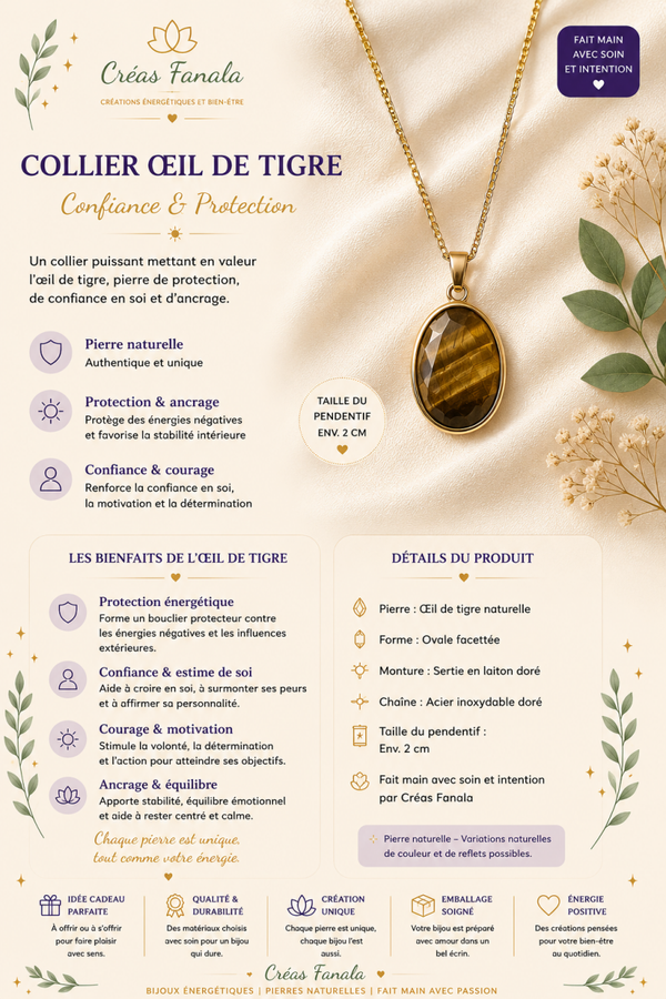 Collier Œil de Tigre serti – Chaîne acier inoxydable doré