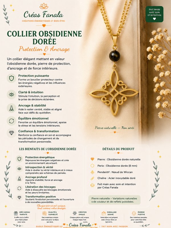 Collier en acier inoxydable doré, Obsidienne dorée et nœud de Wiccan