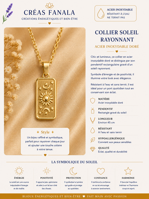Collier en acier inoxydable – Soleil doré rectangulaire