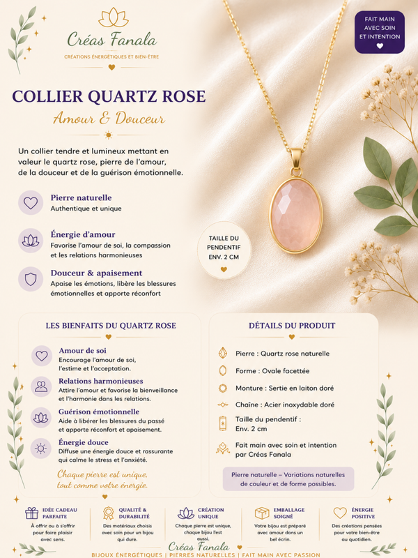 Collier Quartz rose serti – Chaîne acier inoxydable doré