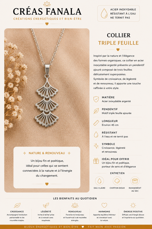 Collier en acier inoxydable – Feuilles stylisées argentées