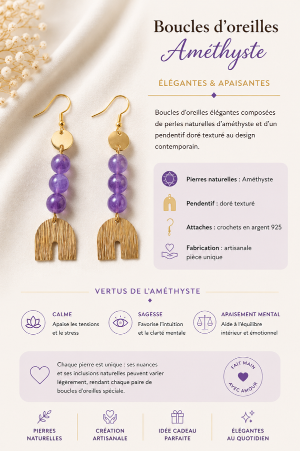 Boucles d’oreilles – Améthyste & pendentif doré