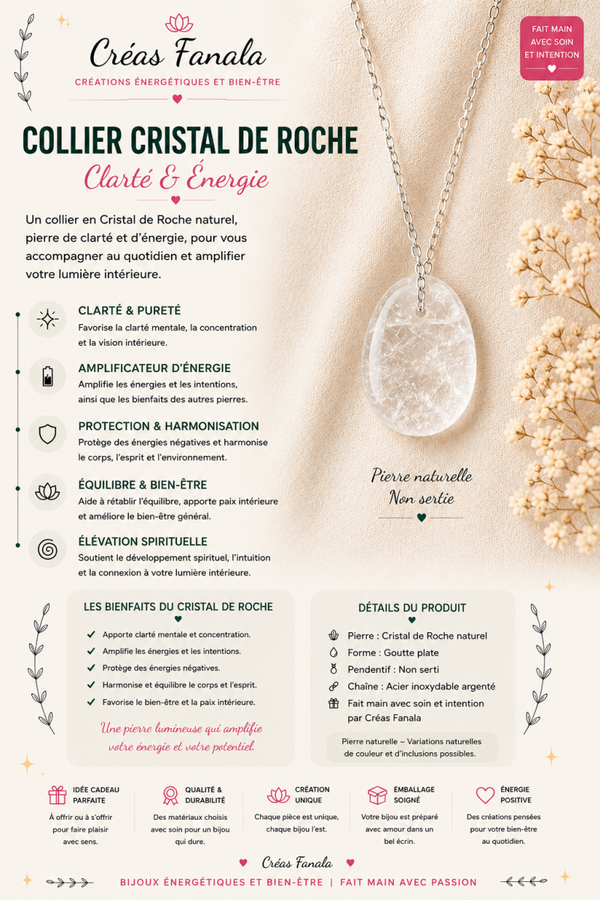 Collier en acier inoxydable & Cristal de Roche