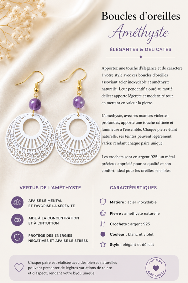 Boucles d’oreilles en acier inoxydable et améthyste
