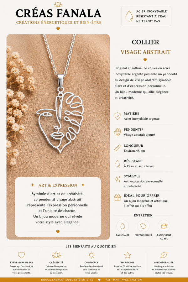 Collier en acier inoxydable – Visage abstrait argenté