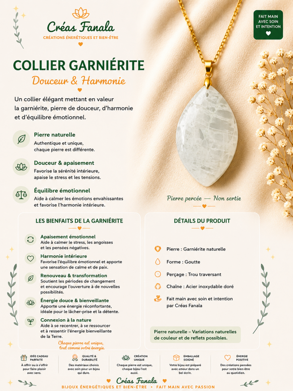 Collier en acier inoxydable doré et Garnierite