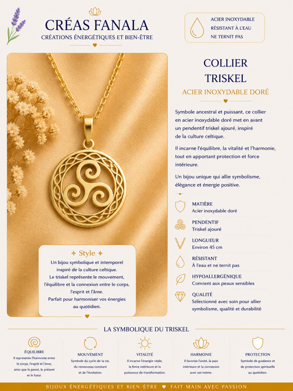Collier en acier inoxydable – Triskel celtique doré