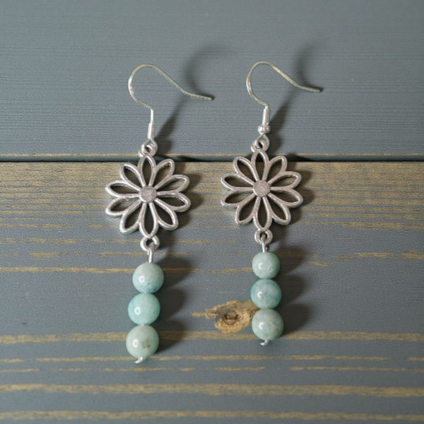 Boucles d’oreilles – Amazonite & Fleur Argentée