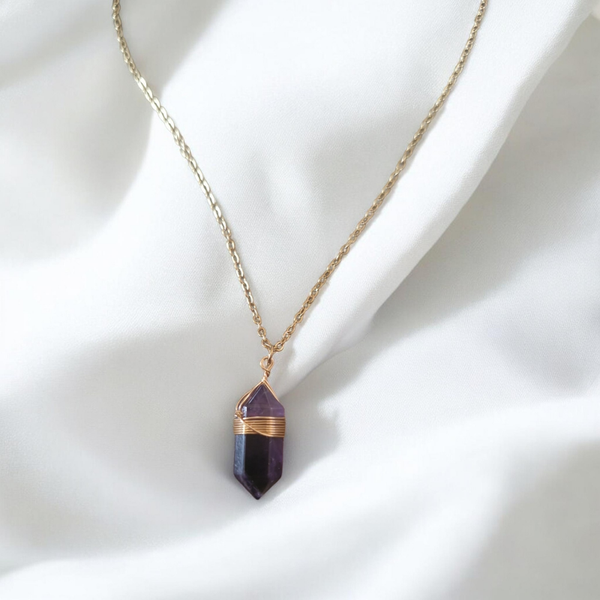 Collier Améthyste – Acier Inoxydable Doré