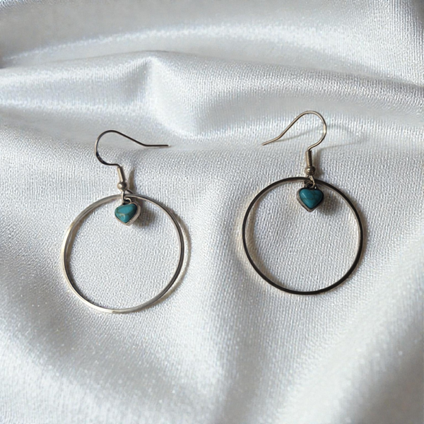 Boucles d’oreilles cercle & cœur turquoise – Argent 925 & acier inoxydable