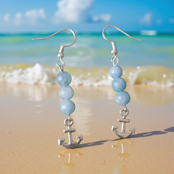 Boucles d’oreilles – Aigue-Marine & Ancre argentée