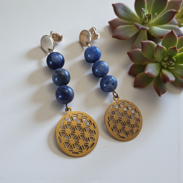 Boucles d’oreilles Sodalite & Fleur de Vie – Harmonie & Éveil Spirituel