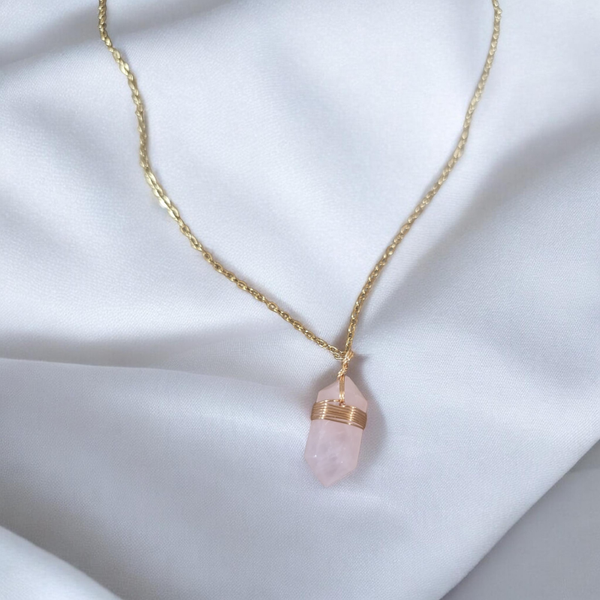 Collier Quartz Rose – Acier Inoxydable Doré