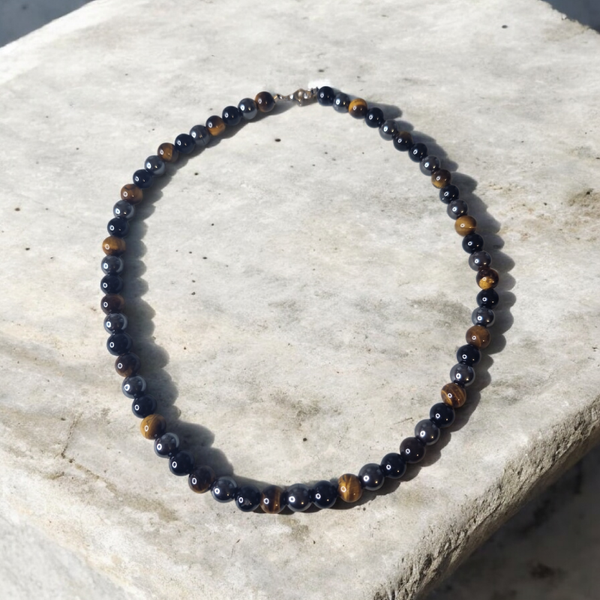 Collier triple protection – Hématite, Œil de Tigre & Tourmaline