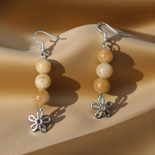 Boucles d’oreilles – Aventurine jaune & Fleur argentée