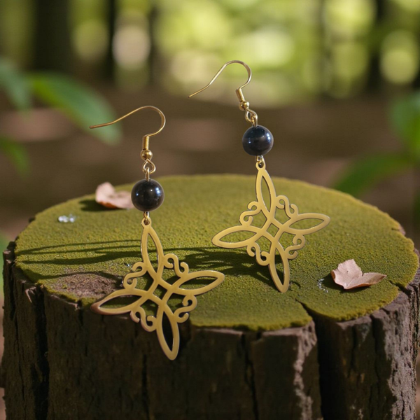 Boucles d’Oreilles Œil de Tigre & Nœud Wiccan – Protection & Force Intérieure