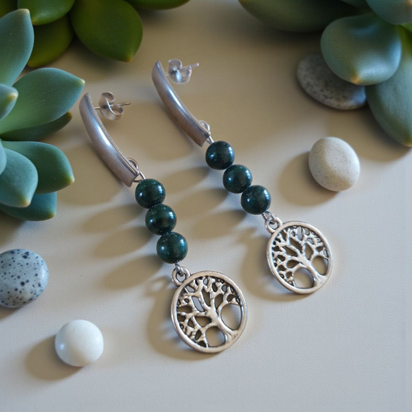 Boucles d’oreilles Arbre de Vie & Malachite – Équilibre & transformation