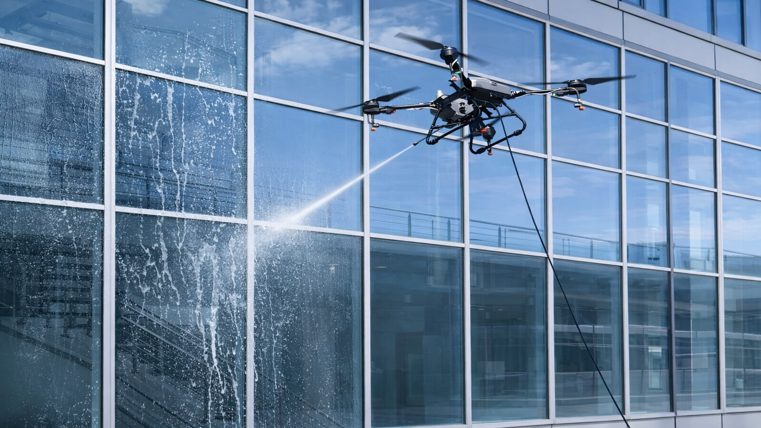 Dron profesional realizando la limpieza de una fachada acristalada