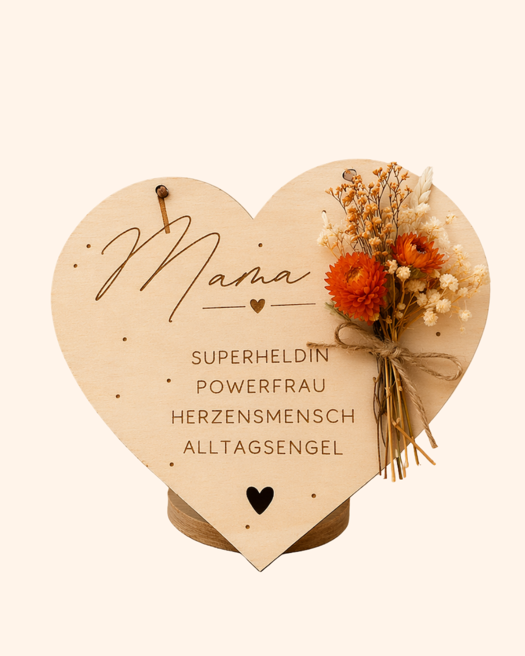 Holzherz mit Trockenblumen für Mama
