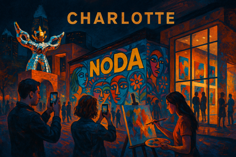 Vibrant illustration of Charlotte’s NoDa district showcasing public murals, artists painting, and the iconic Firebird sculpture.